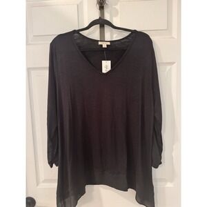 New STYLE & CO Deep Black Tunic Sheer Handkerchief Hem Womens Size XL V-neck